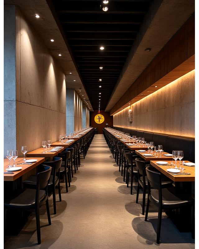 ブロンズと木材が調和する店内インテリア