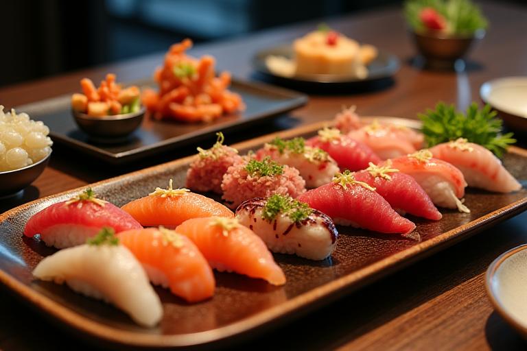 おまかせコースの美しい多皿料理の盛り合わせ