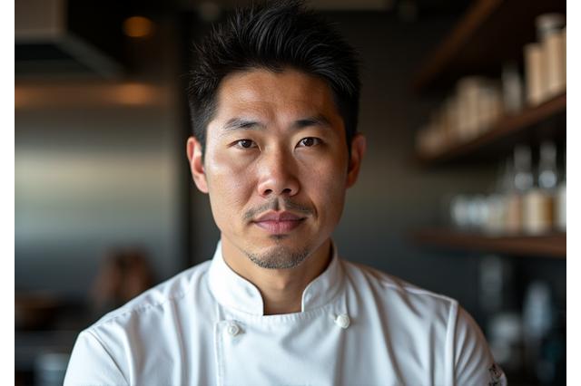 宿題ビストロの頭脳、シェフ田中健太のポートレート、真剣な表情で